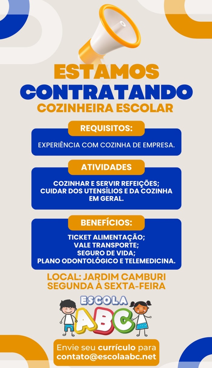 ESCOLA ABC CONTRATA COZINHEIRA ESCOLAR