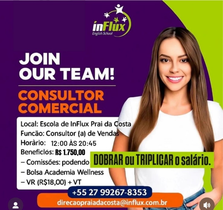 InFlux Praia da Costa contrata Consultor Comercial