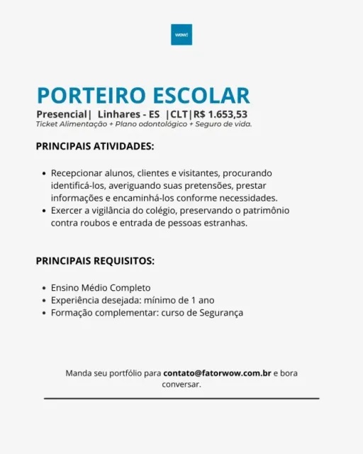 Vaga para Porteiro Escolar