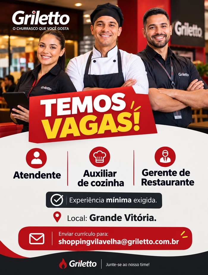 Vagas para Atendente, Auxiliar de cozinha e Gerente de Restaurante