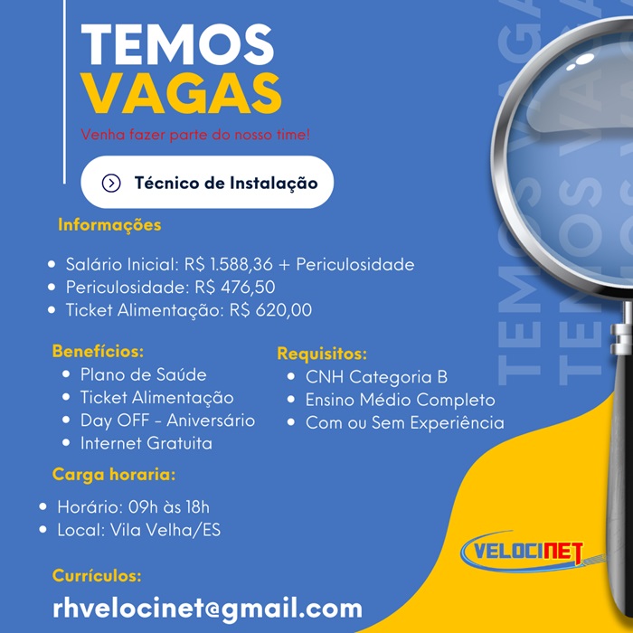 Velocinet contrata Técnico de Instalação