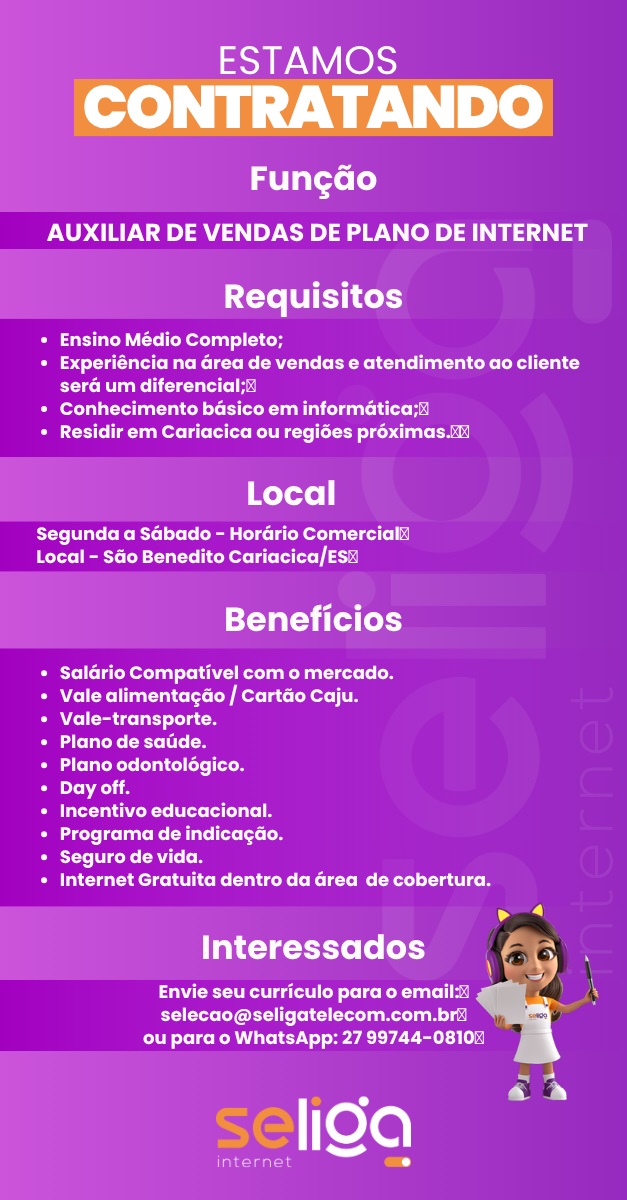 AUXILIAR DE VENDAS DE PLANO DE INTERNET