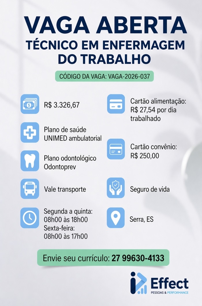 Vaga para Técnico em Enfermagem do Trabalho