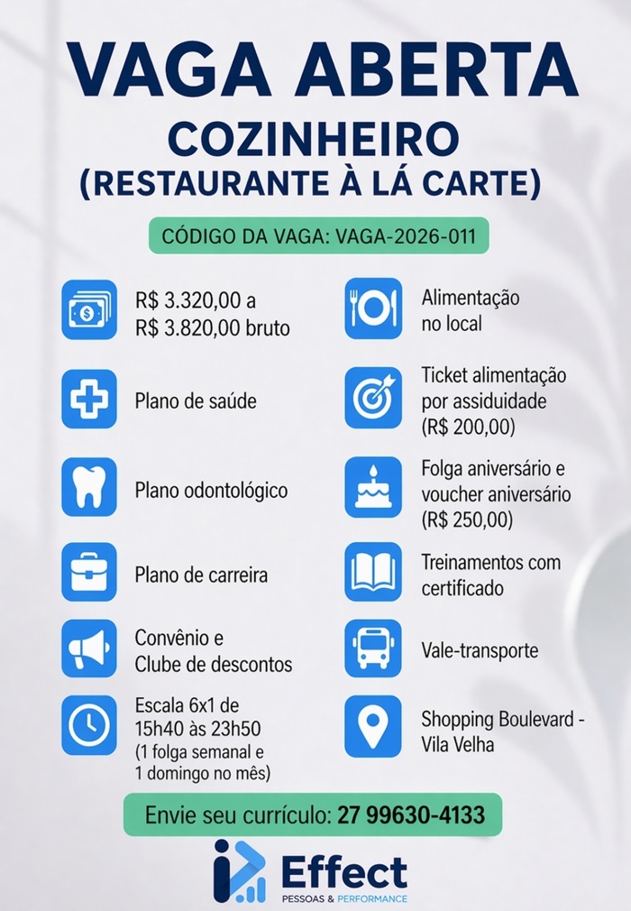 Vaga para Cozinheiro (Restaurante À Lá Carte)