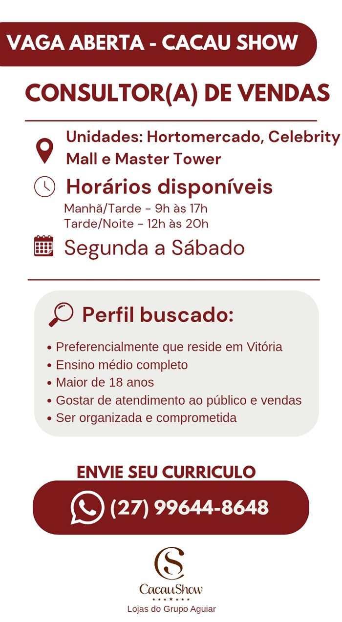 Vaga para Consultor(a) de Vendas – Cacau Show