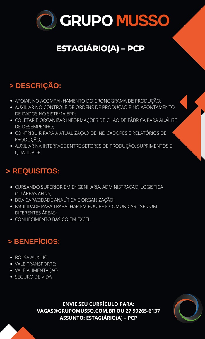 GRUPO MUSSO CONTRATA ESTAGIÁRIO - PCP