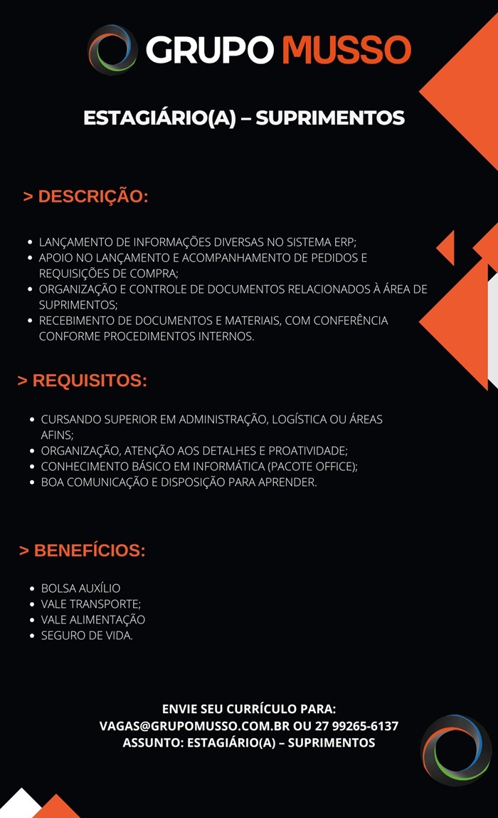 GRUPO MUSSO CONTRATA ESTAGIÁRIO - SUPRIMENTOS