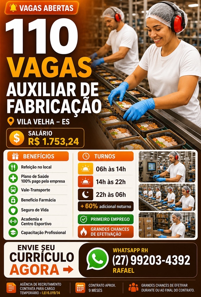 INDÚSTRIA DE GRANDE PORTE CONTRATA AUXILIAR DE FABRICAÇÃO – 140 VAGAS