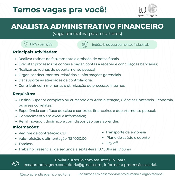 Analista Administrativo Financeiro (vaga afirmativa para mulheres)