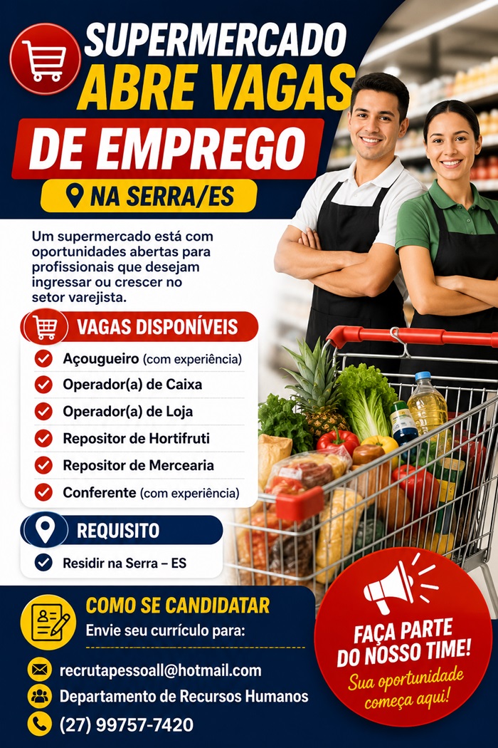 Supermercado abre vagas de emprego na Serra/ES