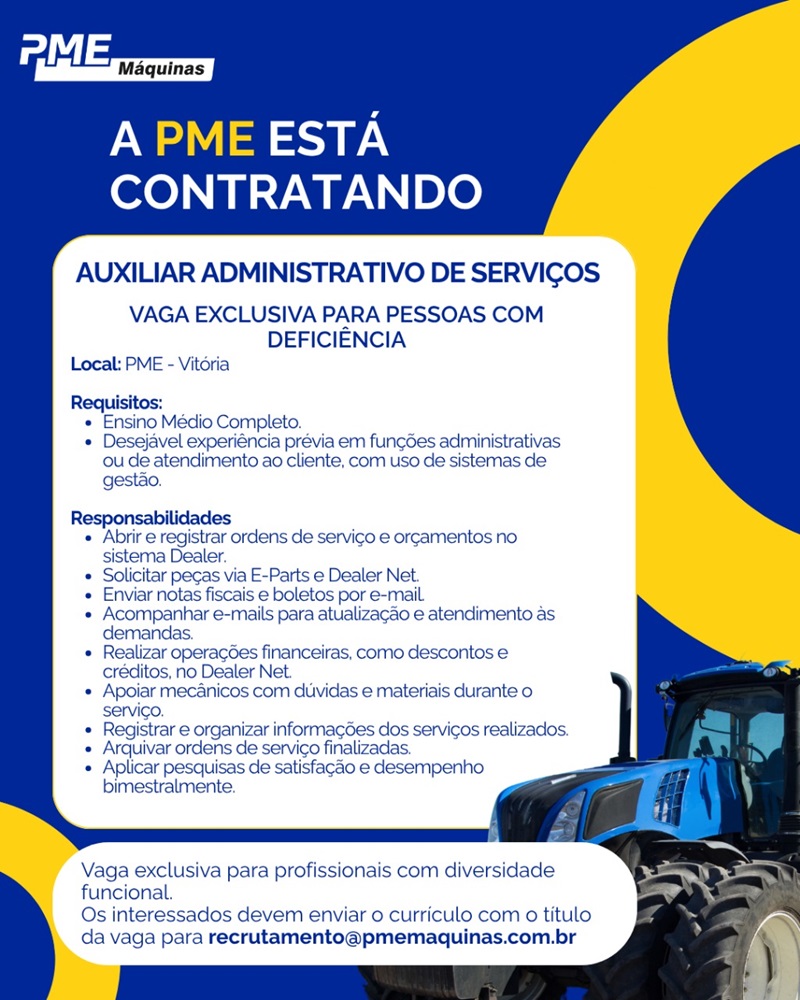 PME Máquinas contrata Auxiliar Administrativo de Serviços
