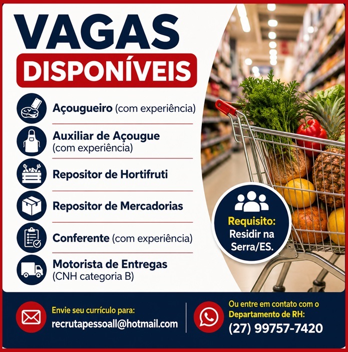 SUPERMERCADO ABRE DIVERSAS VAGAS DE EMPREGO