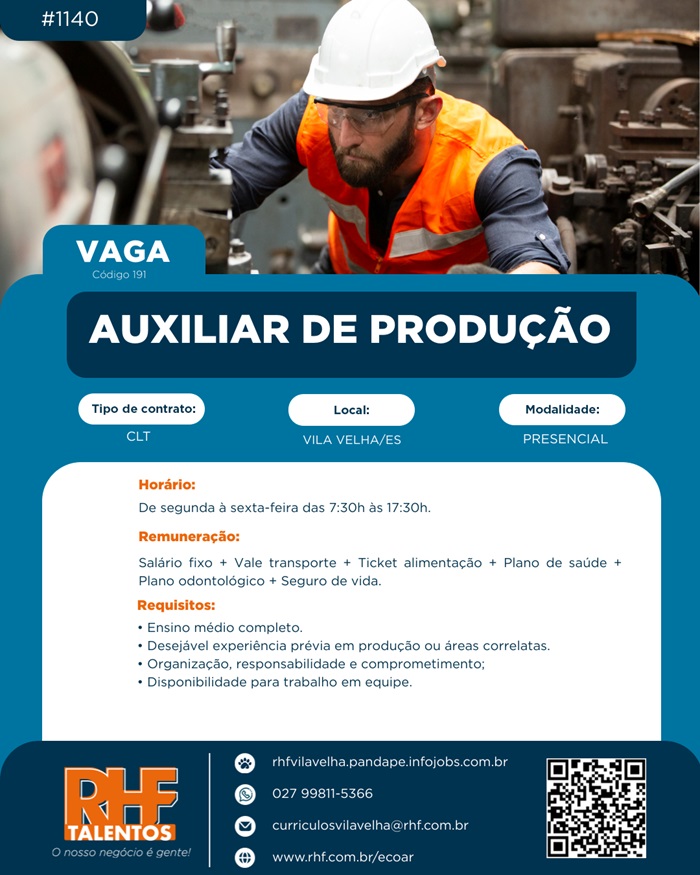 Vaga para Auxiliar de Produção