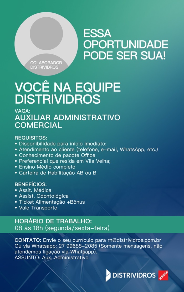 DISTRIVIDROS CONTRATA AUXILIAR ADMINISTRATIVO COMERCIAL