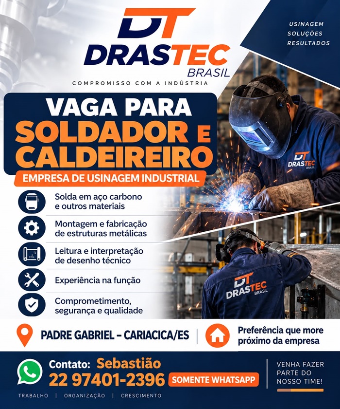 DT DRASTEC BRASIL CONTRATA SOLDADOR E CALDEIREIRO
