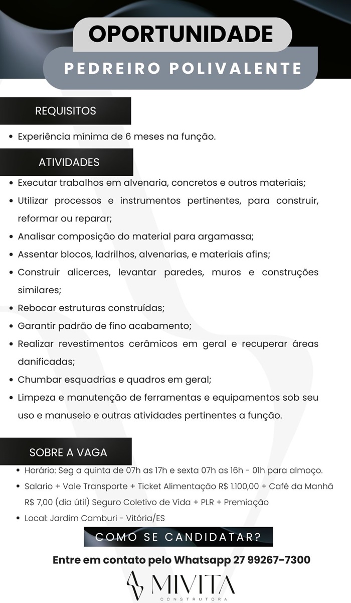 VAGA PARA PEDREIRO POLIVALENTE