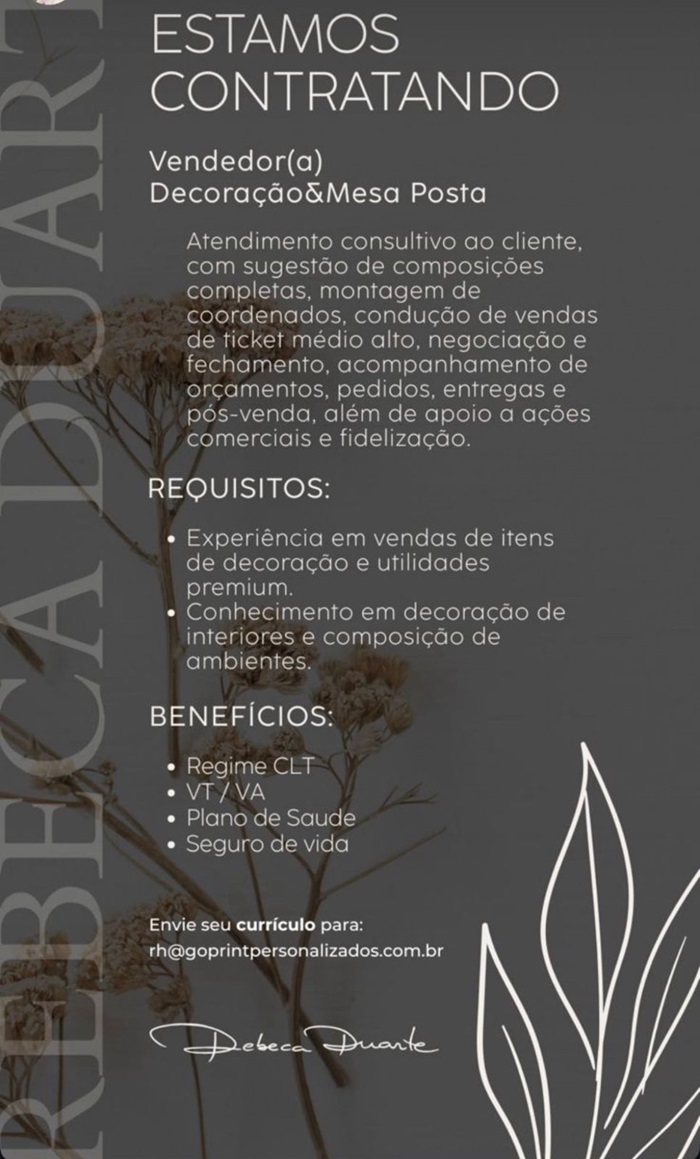 Vaga para Vendedor(a) Decoração & Mesa Posta