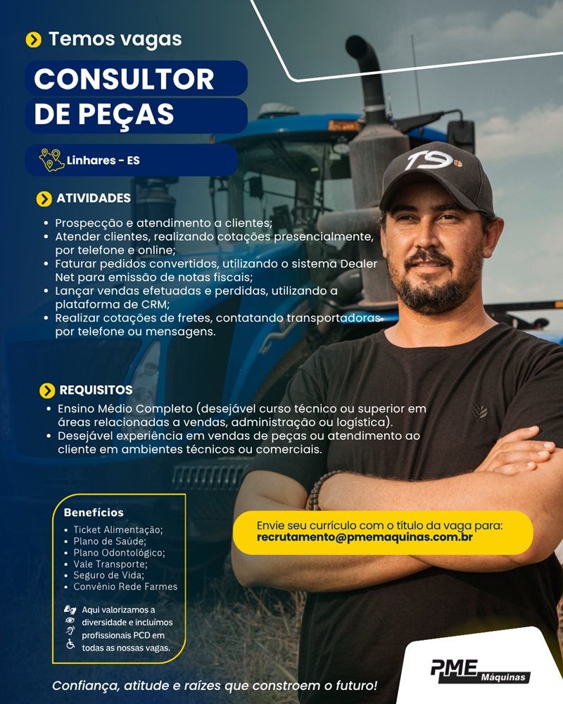PME Máquinas contrata Consultor de Peças (Linhares)