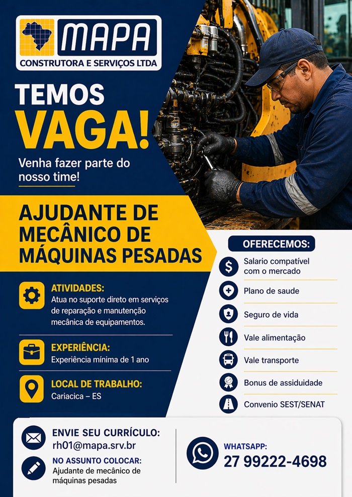 VAGA DE AJUDANTE DE MECÂNICO DE MÁQUINAS PESADAS