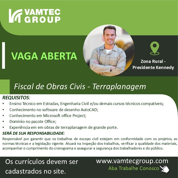 Vamtec Group contrata Fiscal de Obras Civis - Terraplanagem