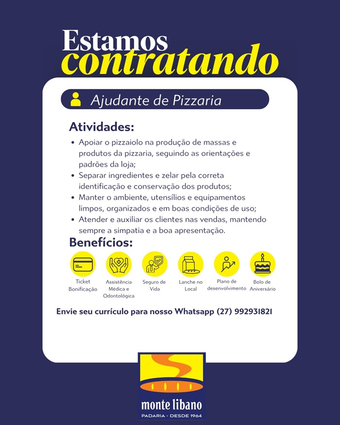 Padaria Monte Líbano contrata Ajudante de Pizzaria