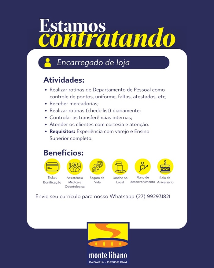 Padaria Monte Líbano contrata Encarregado de Loja