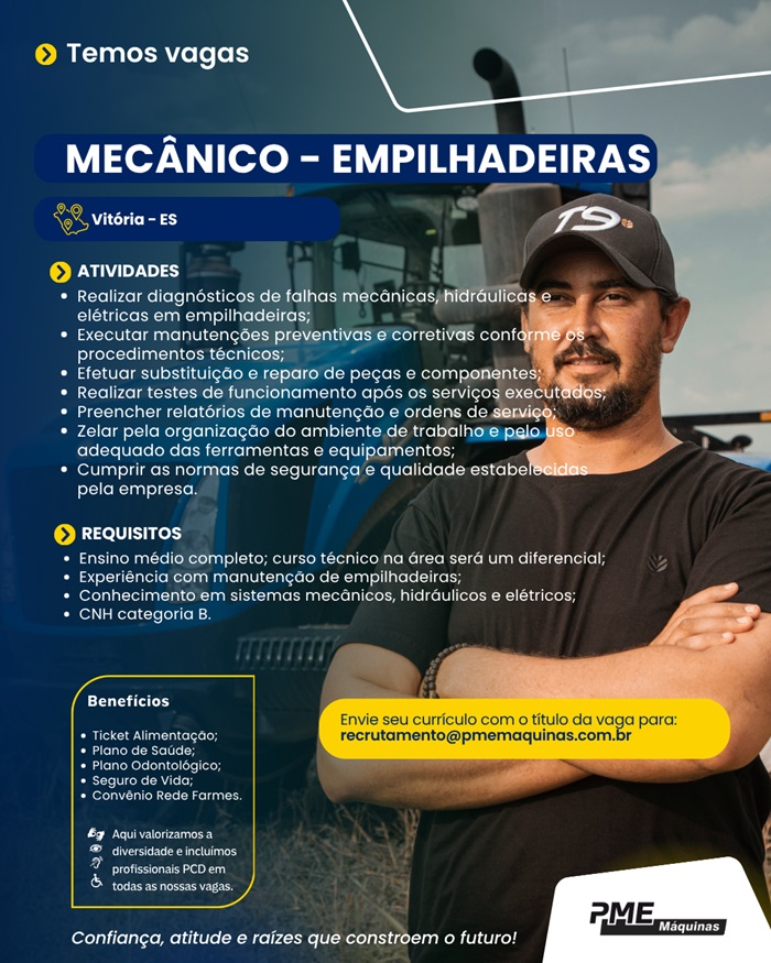 PME Máquinas contrata Mecânico - Empilhadeiras (Linhares) 