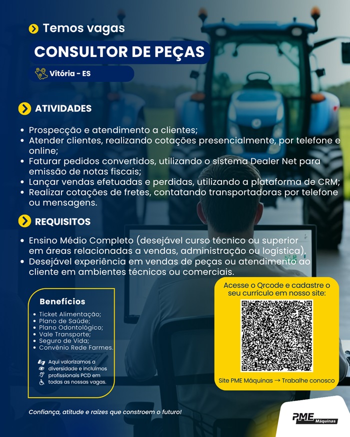 PME Máquinas contrata Consultor de Peças (Vitória)