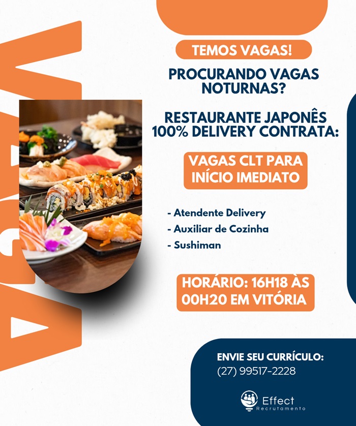 RESTAURANTE JAPONÊS 100% DELIVERY ABRE VAGAS