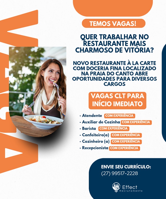 NOVO RESTAURANTE EM VITÓRIA ABRE VAGAS DE EMPREGO