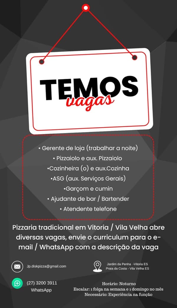 PIZZARIA ABRE VAGAS DE EMPREGO