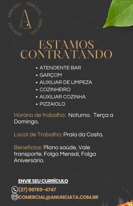 Anunciata Pizzeria abre vagas de Emprego