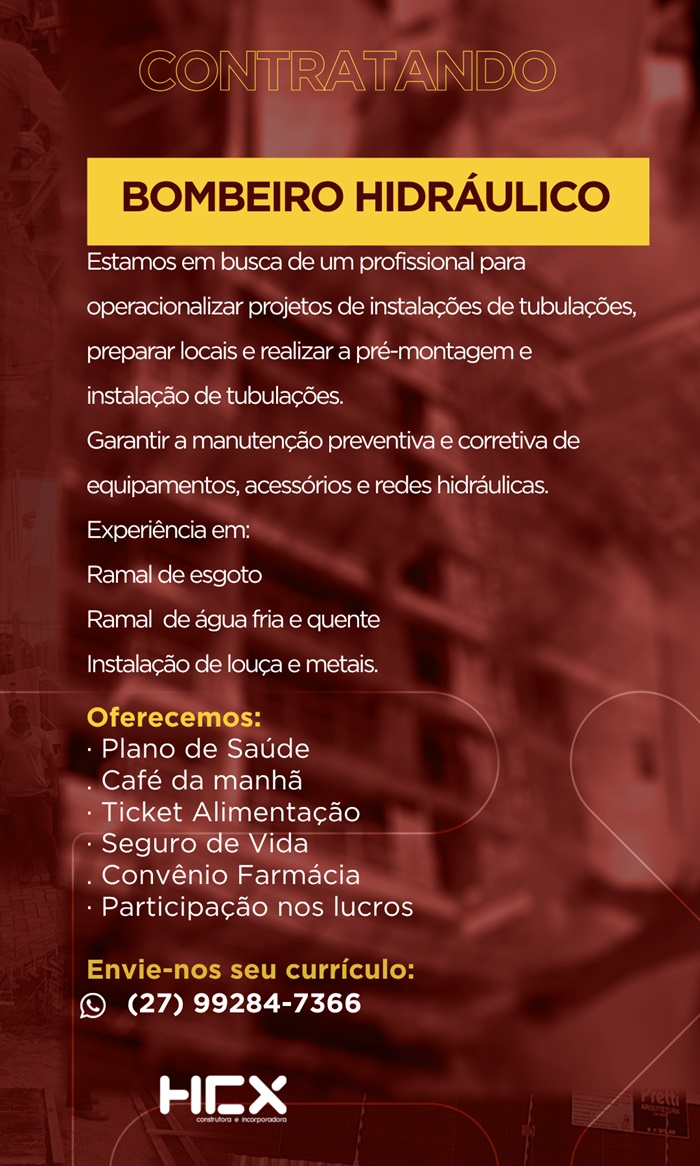 VAGA PARA BOMBEIRO HIDRÁULICO