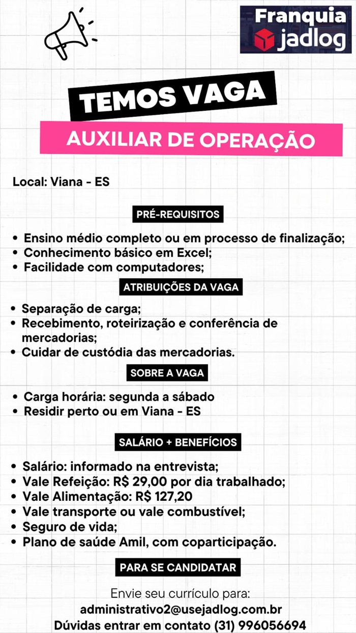 VAGA DE AUXILIAR DE OPERAÇÃO