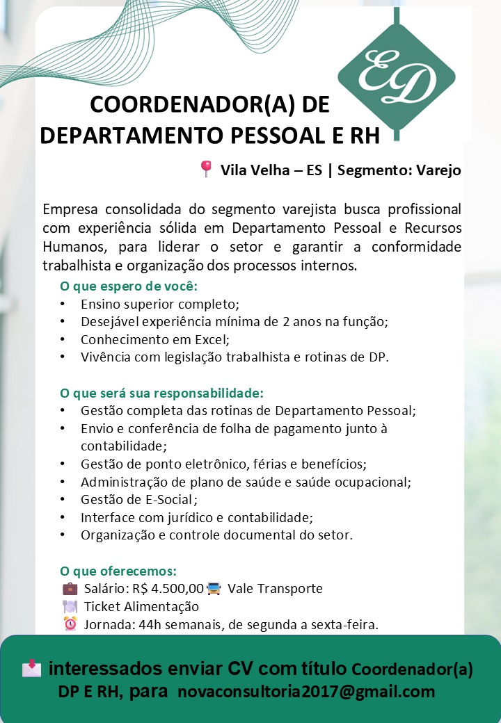 COORDENADOR(A) DE DEPARTAMENTO PESSOAL E RH