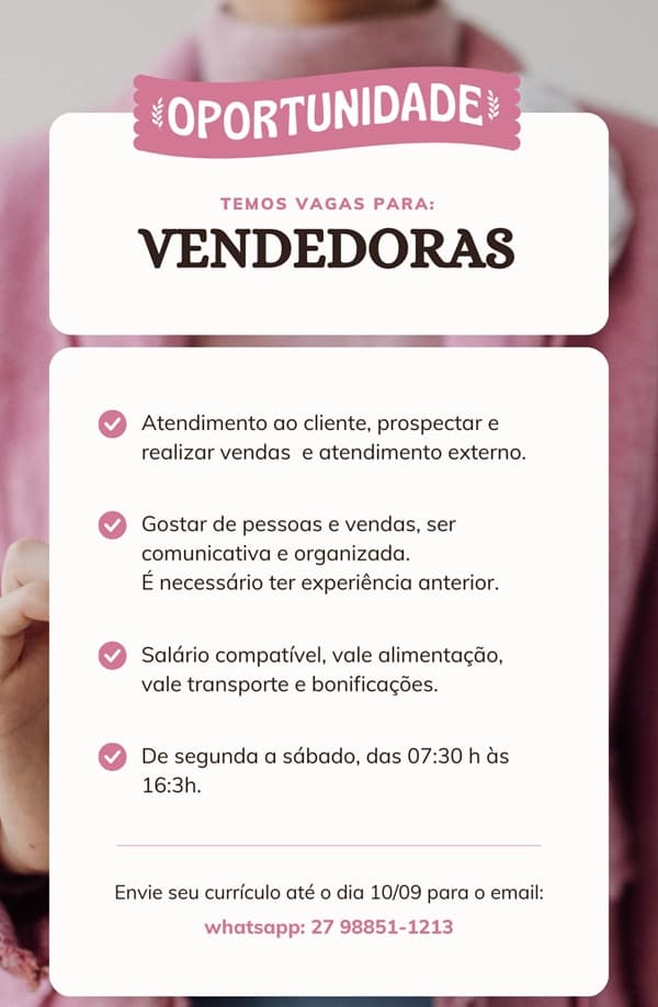 VAGAS PARA VENDEDORAS