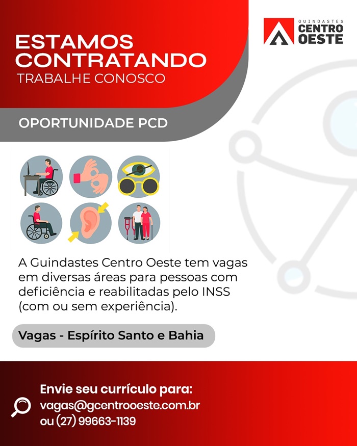Guindastes Centro Oeste abre vagas para Pessoas com Deficiência PCD