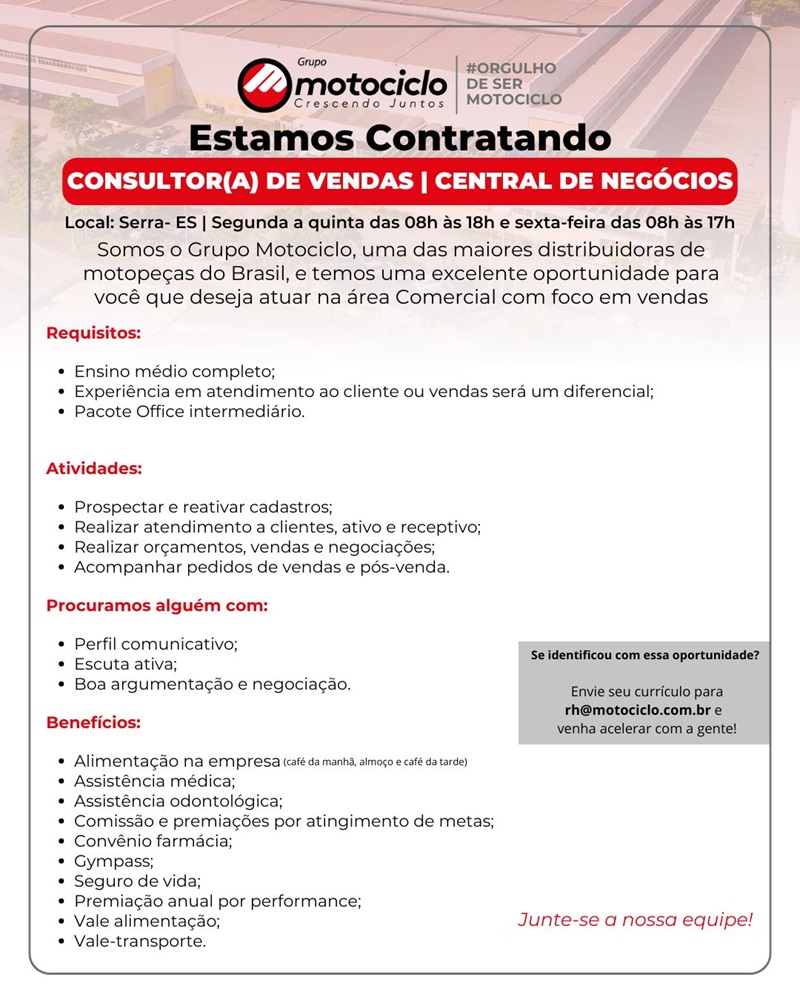 Grupo Motociclo contrata Consultor de Vendas