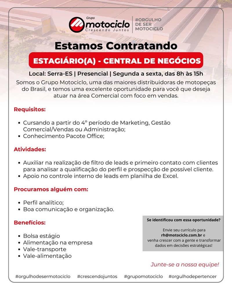 Grupo Motociclo contrata Estagiário(a) - Central de Negócios