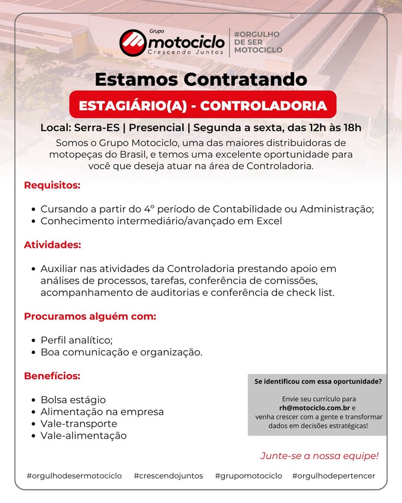 Grupo Motociclo contrata Estagiário(a) - Controladoria
