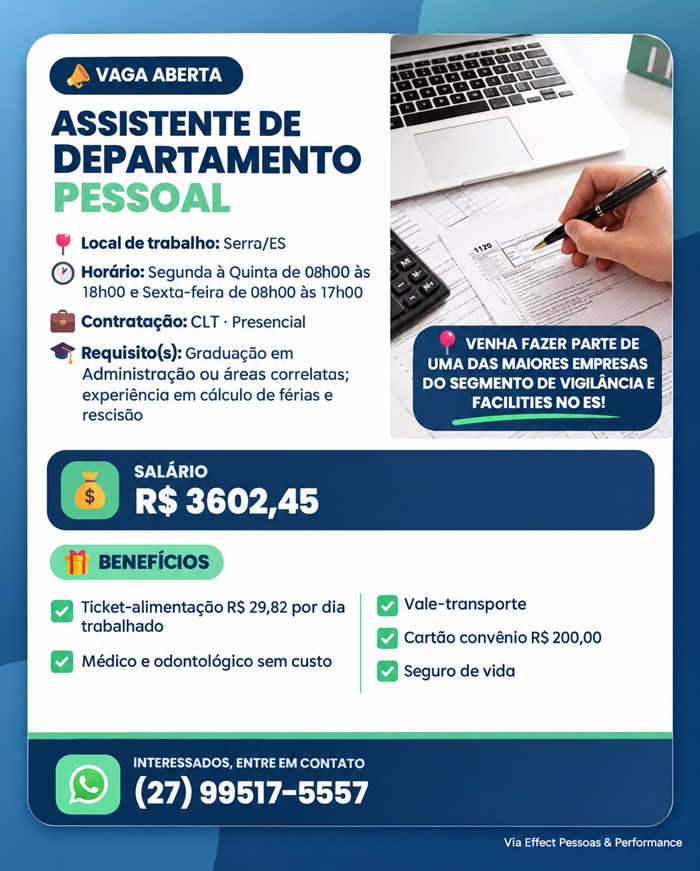 Vaga para Assistente de Departamento Pessoal