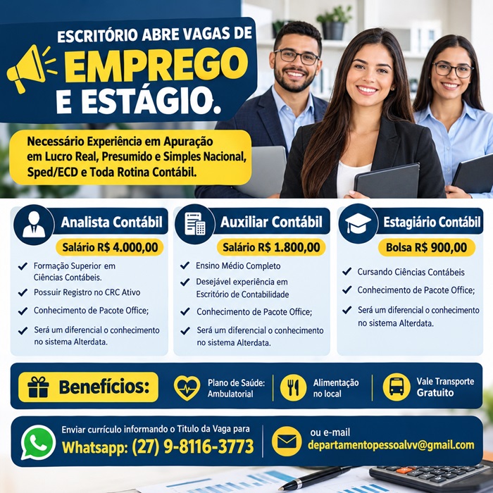 Escritório Contábil abre vagas de Emprego e Estágio