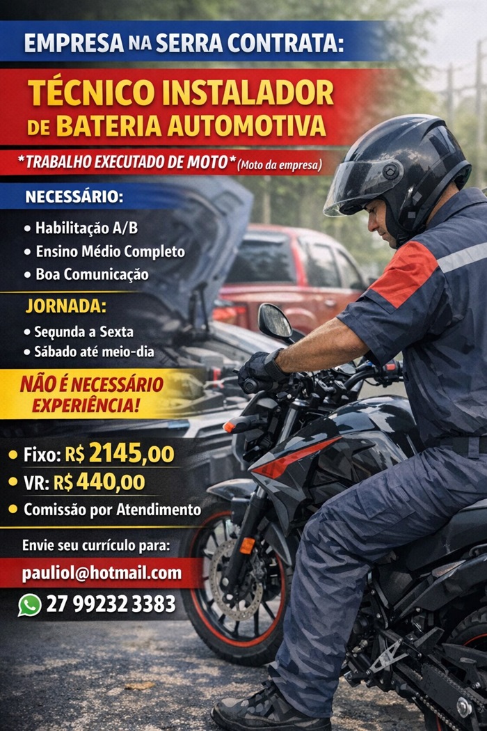 Vaga para Técnico instalador de bateria automotiva