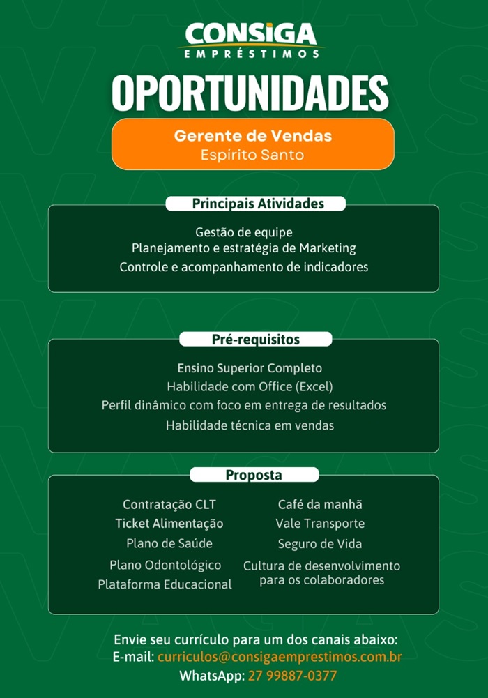 CONSIGA CONTRATA GERENTE DE VENDAS