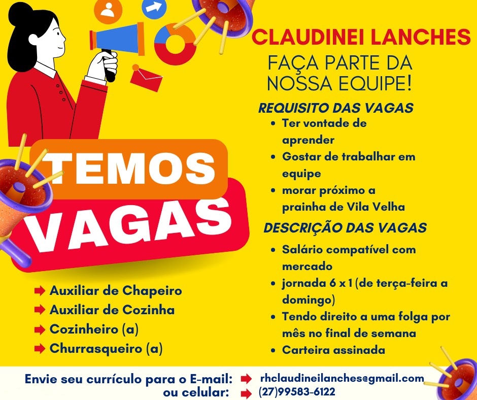Claudinei Lanches contrata Atendente, Chapeiro e Churrasqueiro