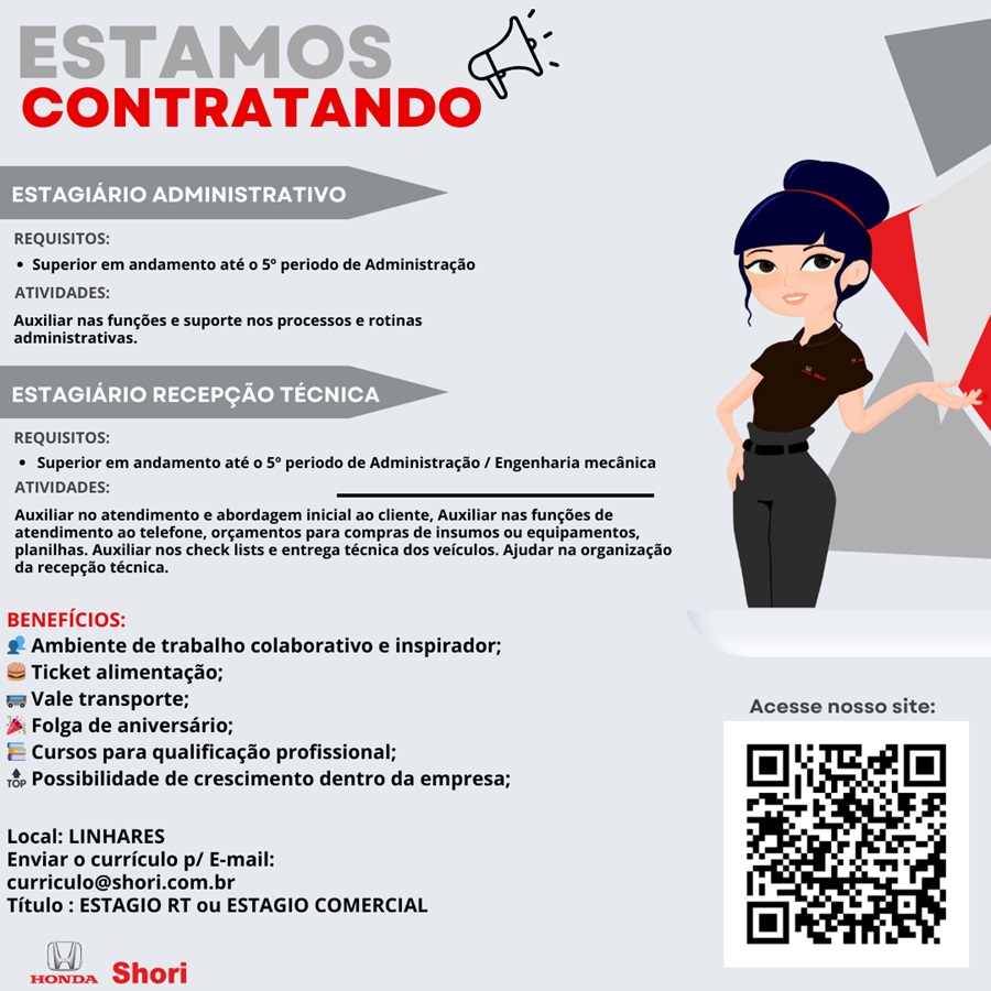 Honda Shori contrata Estagiários Administrativo e Recepção Técnica