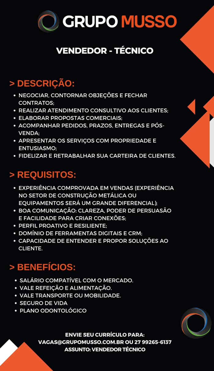 Grupo Musso contrata Vendedor Técnico
