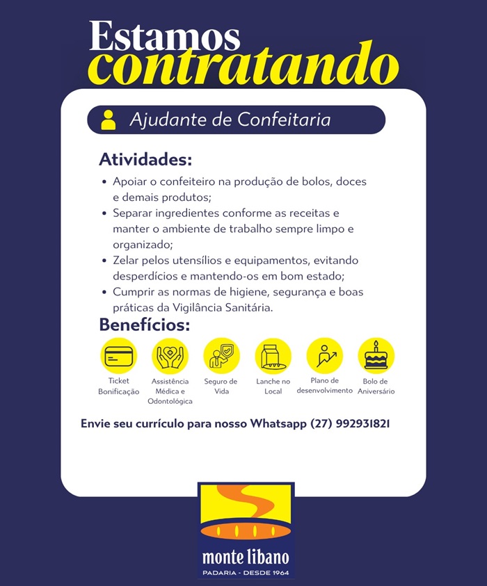 Padaria Monte Libano contrata Ajudante de Confeitaria