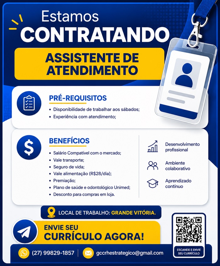 Vaga de Assistente de Atendimento – Grande Vitória, ES
