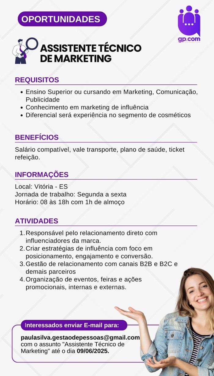 VAGA DE ASSISTENTE TÉCNICO DE MARKETING